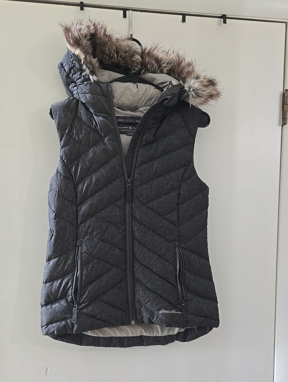 Eddie Bauer Dark Charcoal Quilted Hooded Puffer Vest with Faux Fur Trim